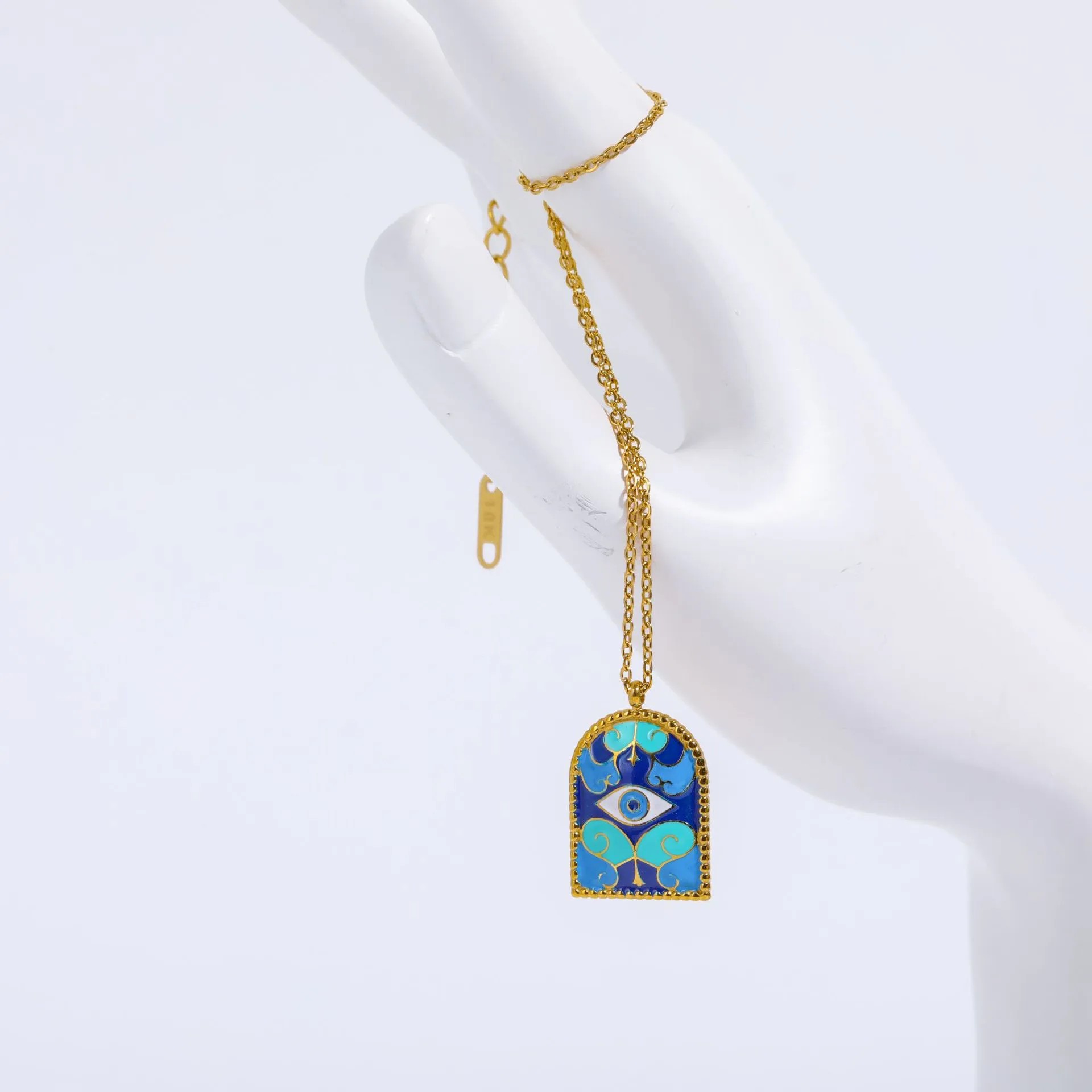 Vintage Style Pastoral Eye Stainless Steel Enamel Plating 18K Gold Plated Pendant Necklace_colorza_1