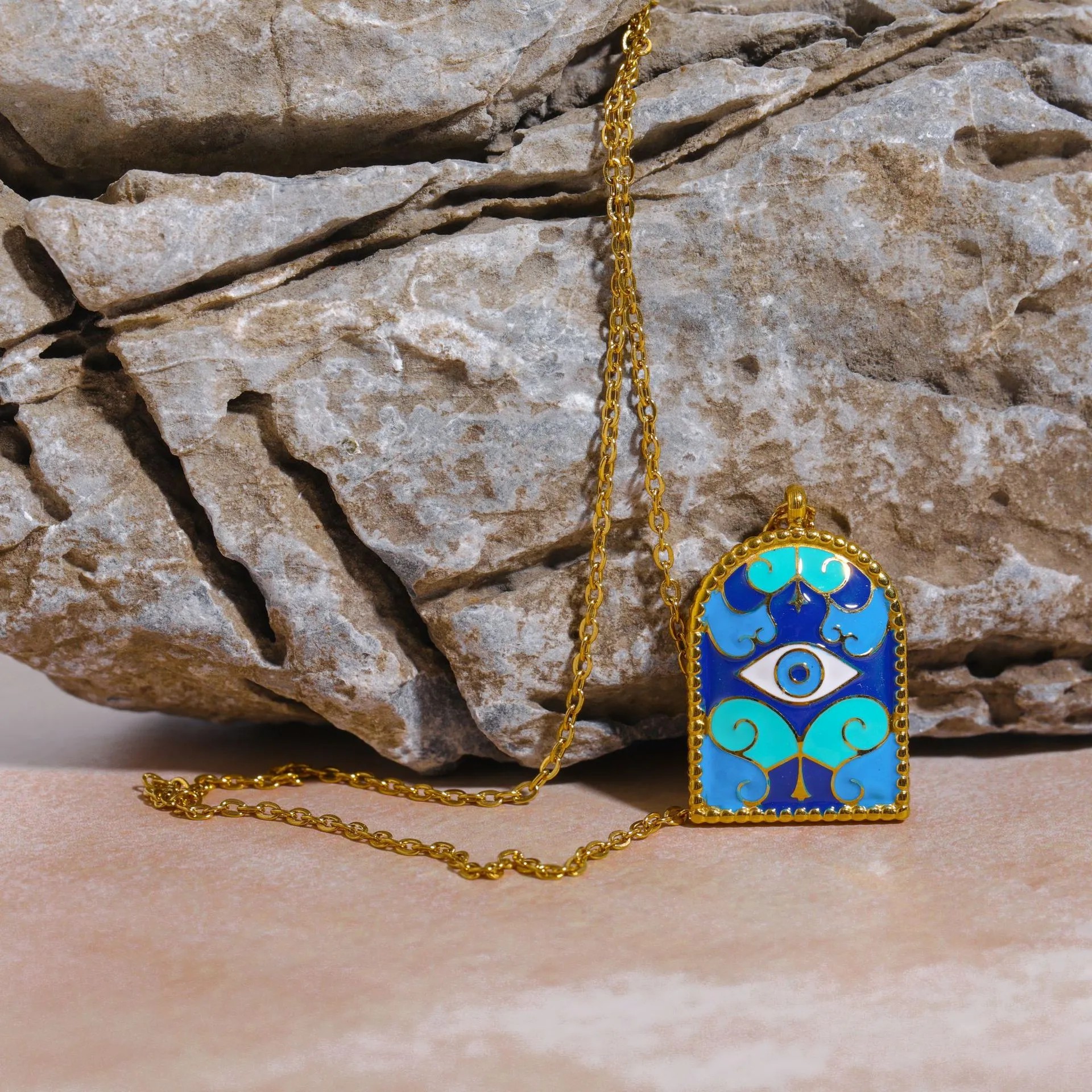 Vintage Style Pastoral Eye Stainless Steel Enamel Plating 18K Gold Plated Pendant Necklace_colorza_2