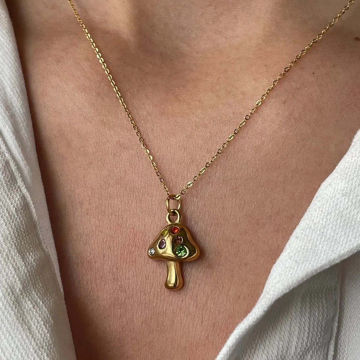Retro Simple Style Streetwear Mushroom Stainless Steel Plating Inlay Zircon 18K Gold Plated Pendant Necklace_colorza_4