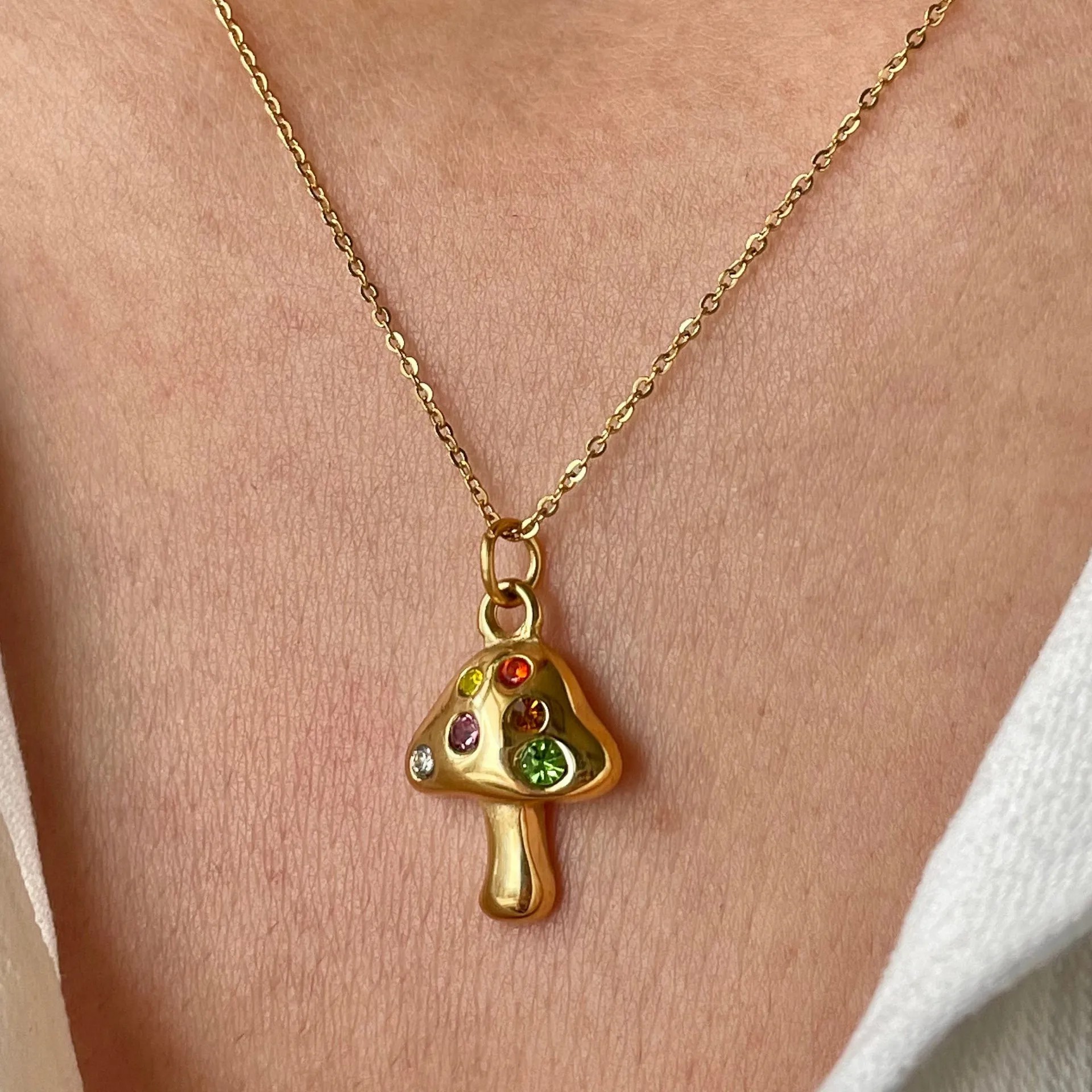 Retro Simple Style Streetwear Mushroom Stainless Steel Plating Inlay Zircon 18K Gold Plated Pendant Necklace_colorza_5
