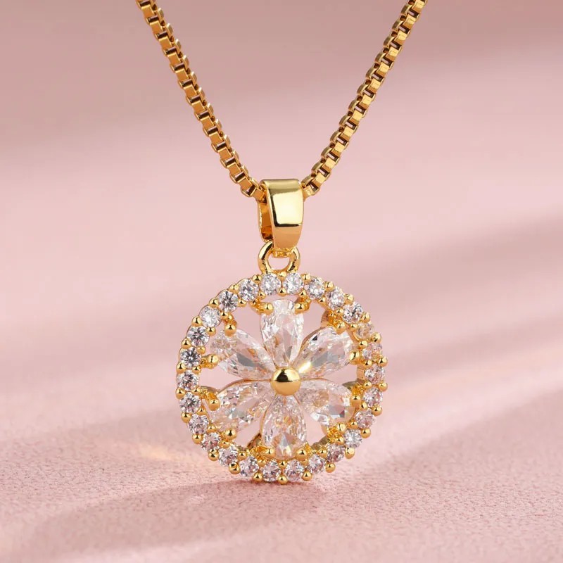 Elegant Shiny Maple Leaf Flower Stainless Steel Plating Inlay Zircon 18K Gold Plated Pendant Necklace_colorza_10