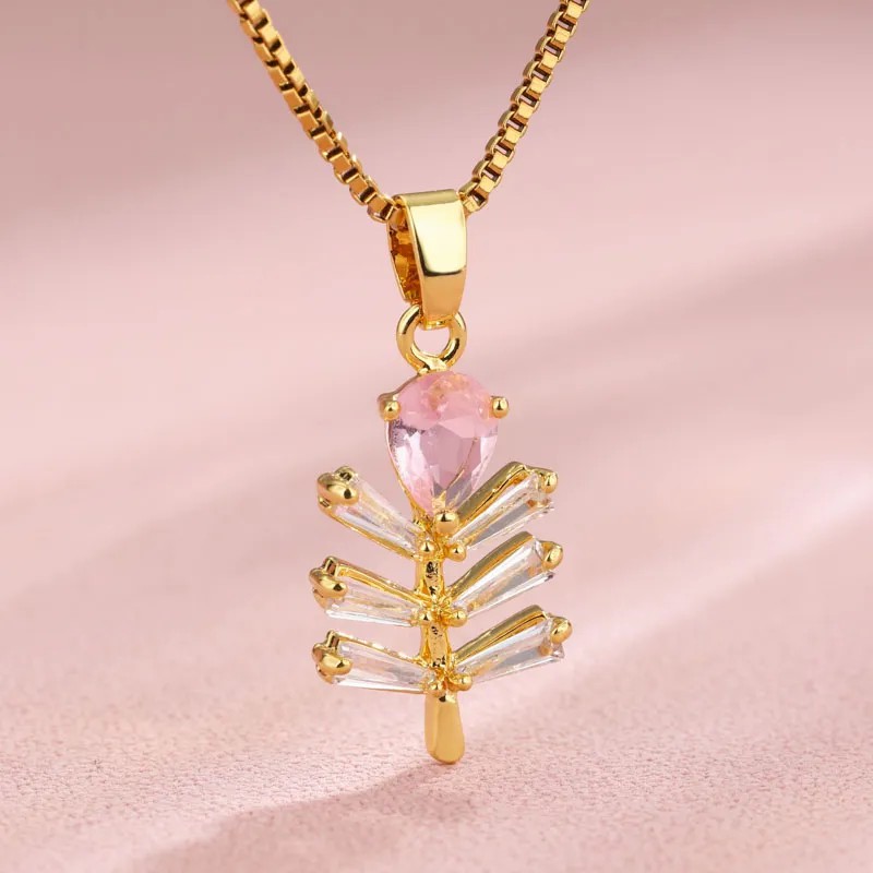Elegant Shiny Maple Leaf Flower Stainless Steel Plating Inlay Zircon 18K Gold Plated Pendant Necklace_colorza_11