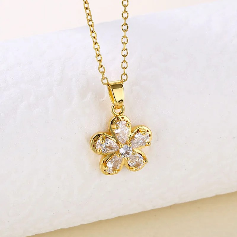 Elegant Flower Stainless Steel Plating Hollow Out Inlay Zircon 18K Gold Plated Pendant Necklace_colorza_2
