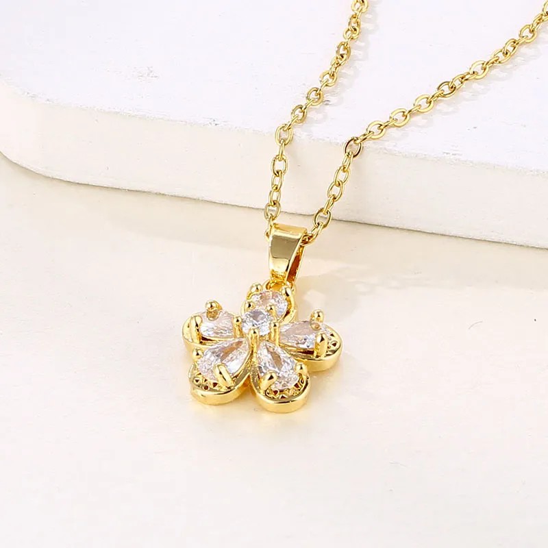 Elegant Flower Stainless Steel Plating Hollow Out Inlay Zircon 18K Gold Plated Pendant Necklace_colorza_4