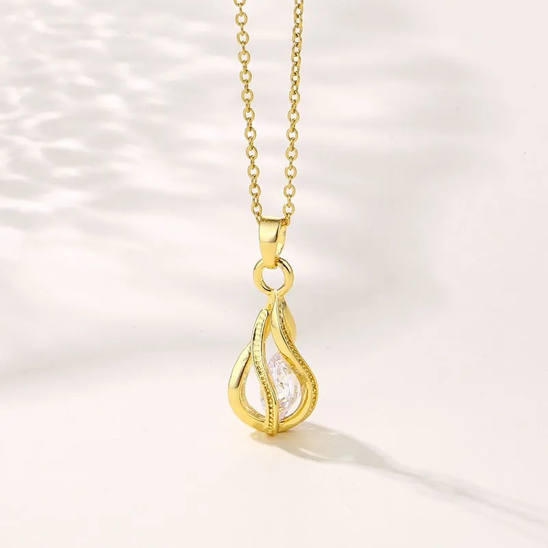 Elegant Water Droplets Stainless Steel Plating Hollow Out Inlay Zircon 18K Gold Plated Pendant Necklace_colorza_2