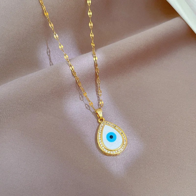 Drop Shaped Stainless Steel Pendant NecklaceInlay Zircon 18K Gold Plated Pendant Necklace_colorza_6
