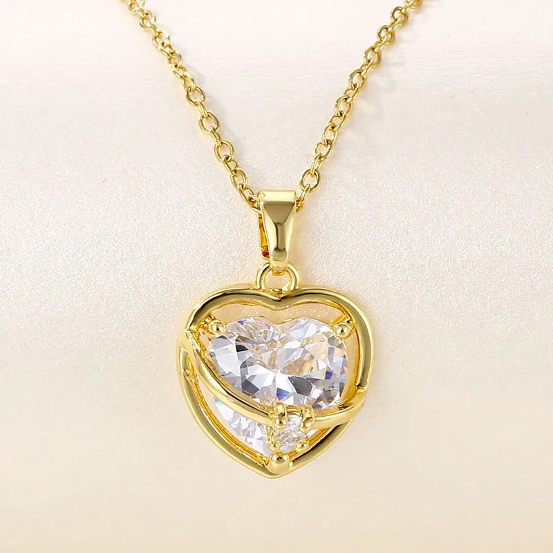 Elegant Heart Shape Stainless Steel Plating Hollow Out Inlay Zircon 18K Gold Plated Pendant Necklace_colorza_1