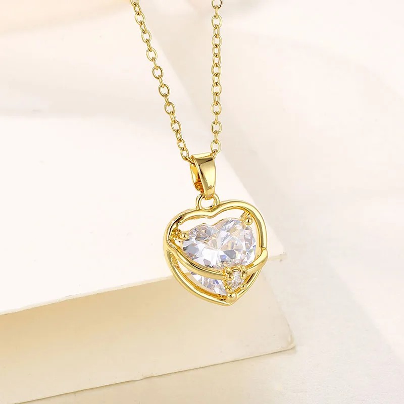 Elegant Heart Shape Stainless Steel Plating Hollow Out Inlay Zircon 18K Gold Plated Pendant Necklace_colorza_2