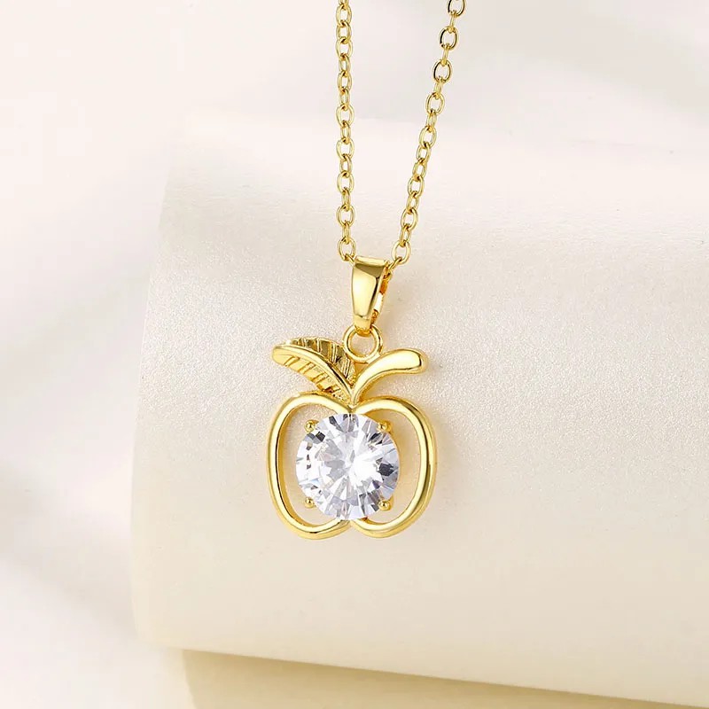 Modern Style Apple Stainless Steel Plating Hollow Out Inlay Zircon 18K Gold Plated Pendant Necklace_colorza_1
