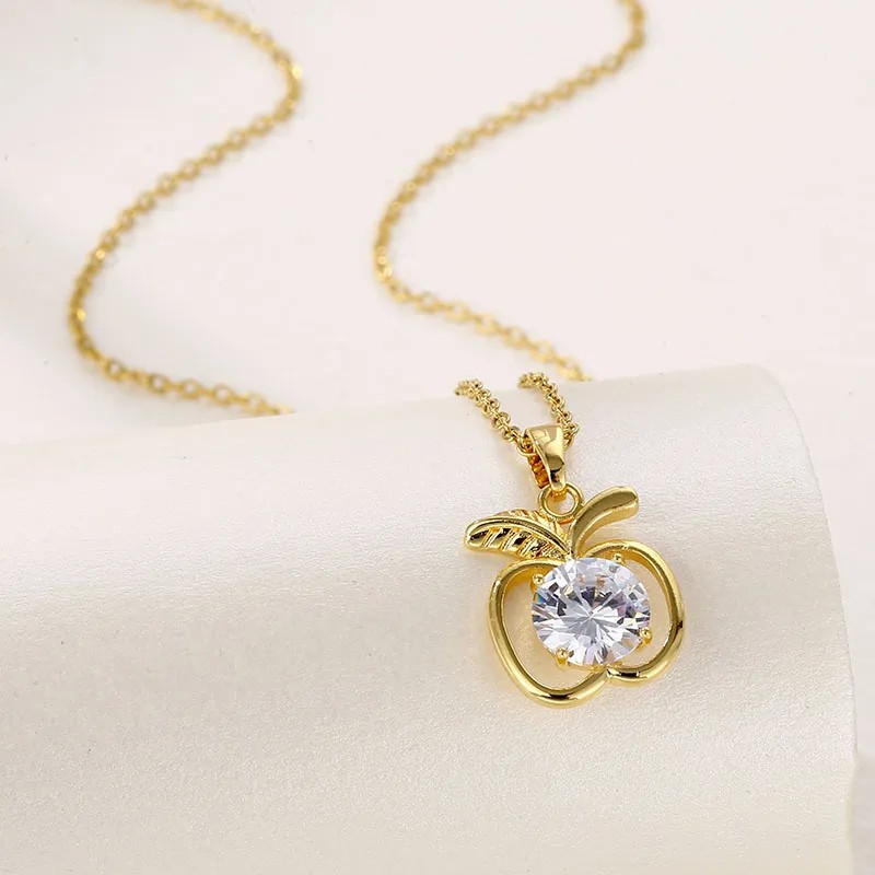 Modern Style Apple Stainless Steel Plating Hollow Out Inlay Zircon 18K Gold Plated Pendant Necklace_colorza_2