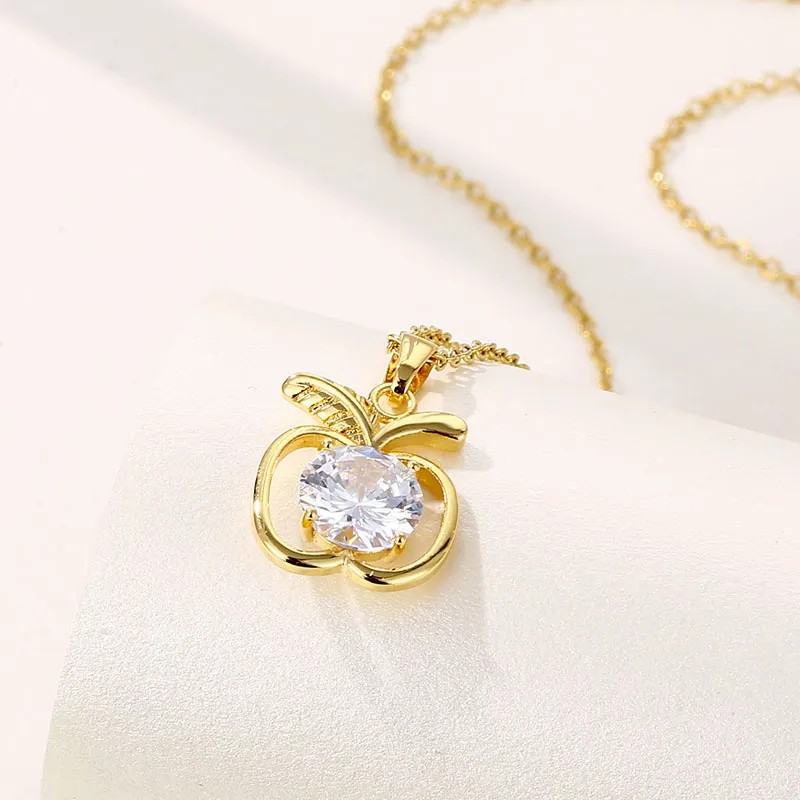 Modern Style Apple Stainless Steel Plating Hollow Out Inlay Zircon 18K Gold Plated Pendant Necklace_colorza_3