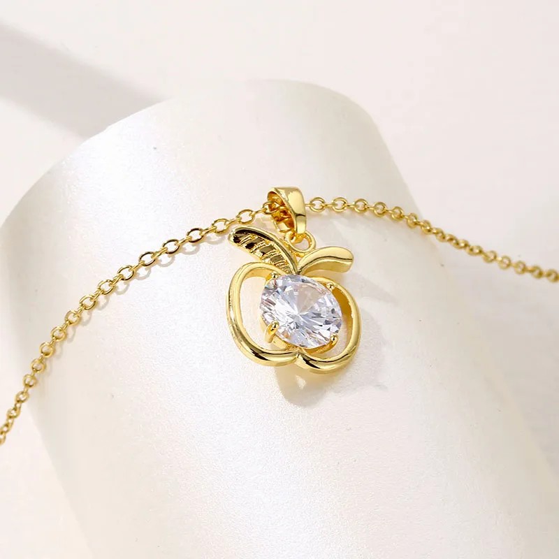 Modern Style Apple Stainless Steel Plating Hollow Out Inlay Zircon 18K Gold Plated Pendant Necklace_colorza_4