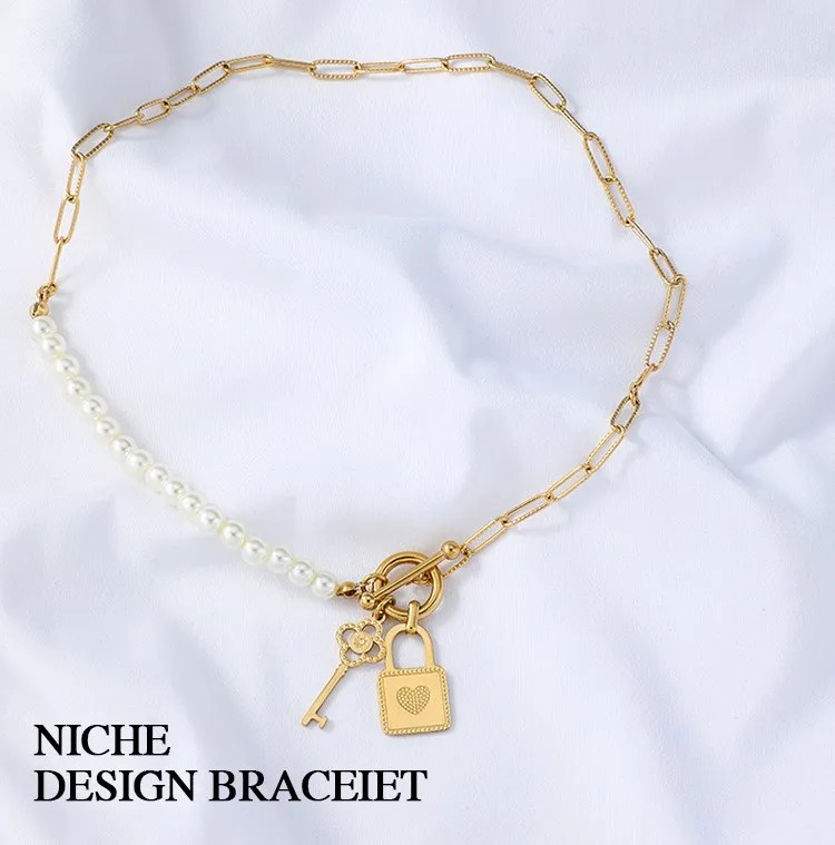 Casual Modern Style Key Lock Stainless Steel Pearl Plating Pendant Necklace_colorza_1