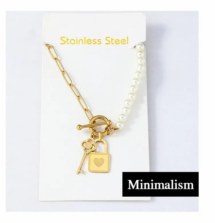 Casual Modern Style Key Lock Stainless Steel Pearl Plating Pendant Necklace_colorza_2