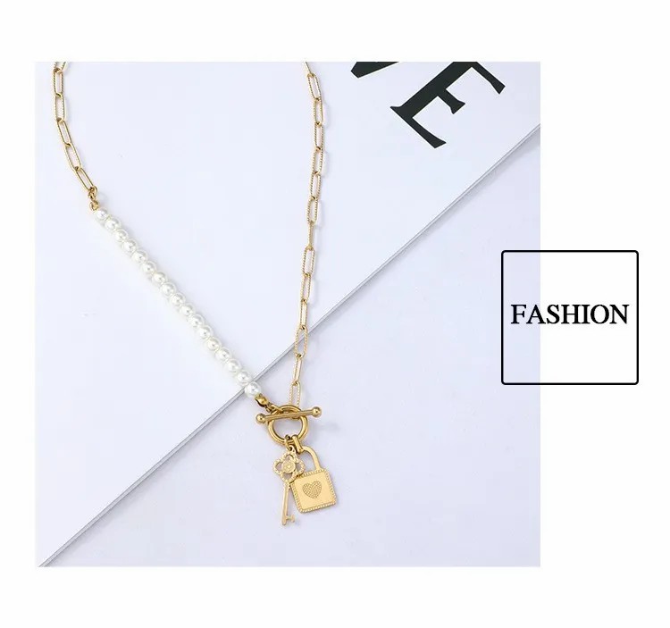 Casual Modern Style Key Lock Stainless Steel Pearl Plating Pendant Necklace_colorza_3
