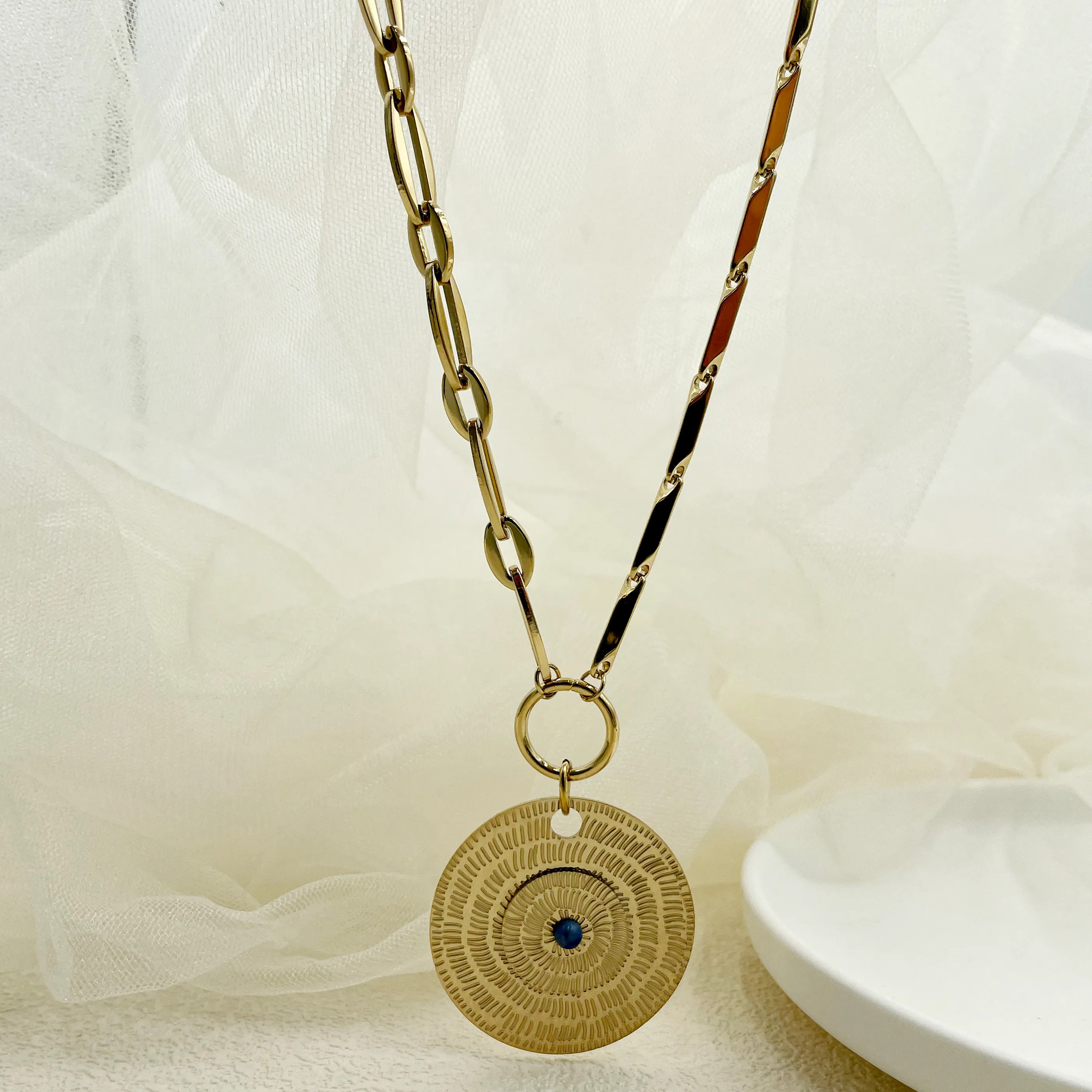 Elegant Luxurious Ethnic Style Round Stripe Stainless Steel Plating Inlay Beads Gold Plated Pendant Necklace_colorza_1