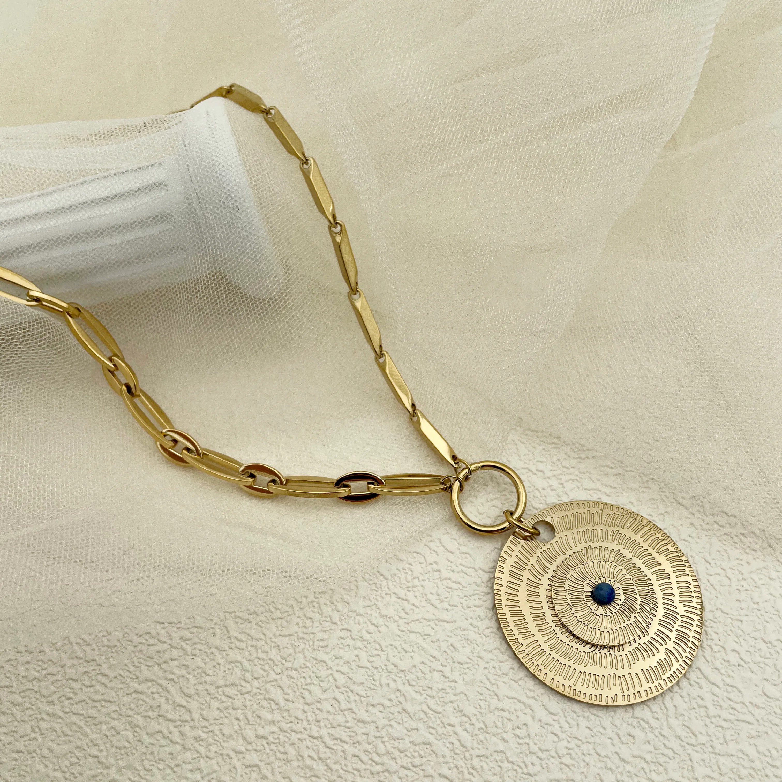 Elegant Luxurious Ethnic Style Round Stripe Stainless Steel Plating Inlay Beads Gold Plated Pendant Necklace_colorza_2