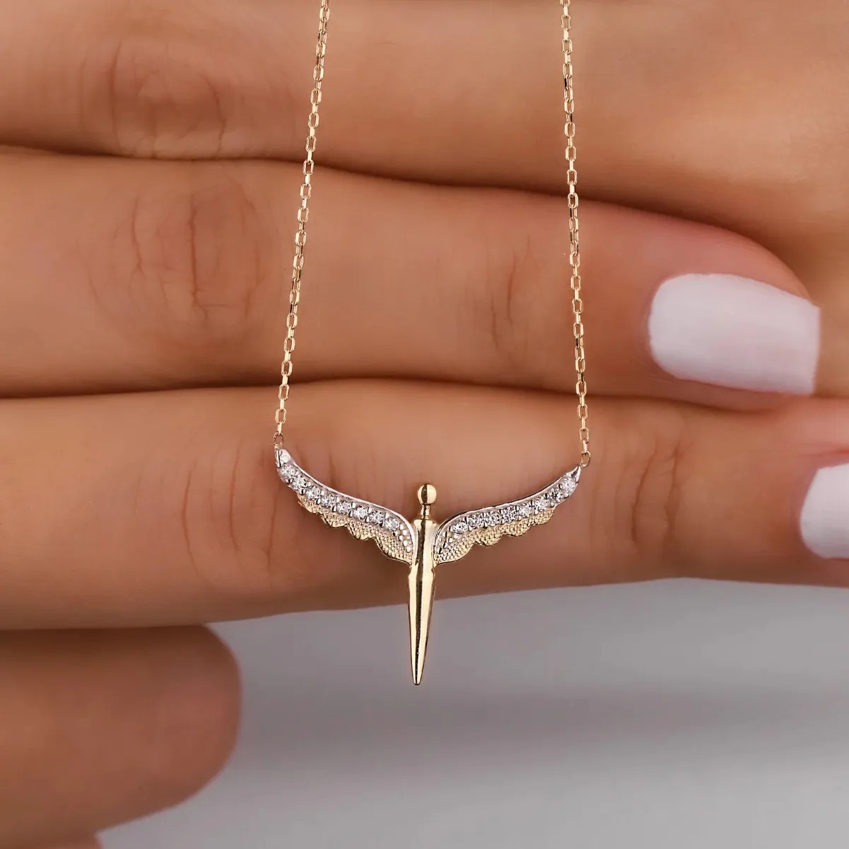 Vintage Style Wings Stainless Steel Plating Inlay Zircon 18K Gold Plated Pendant Necklace_colorza_1