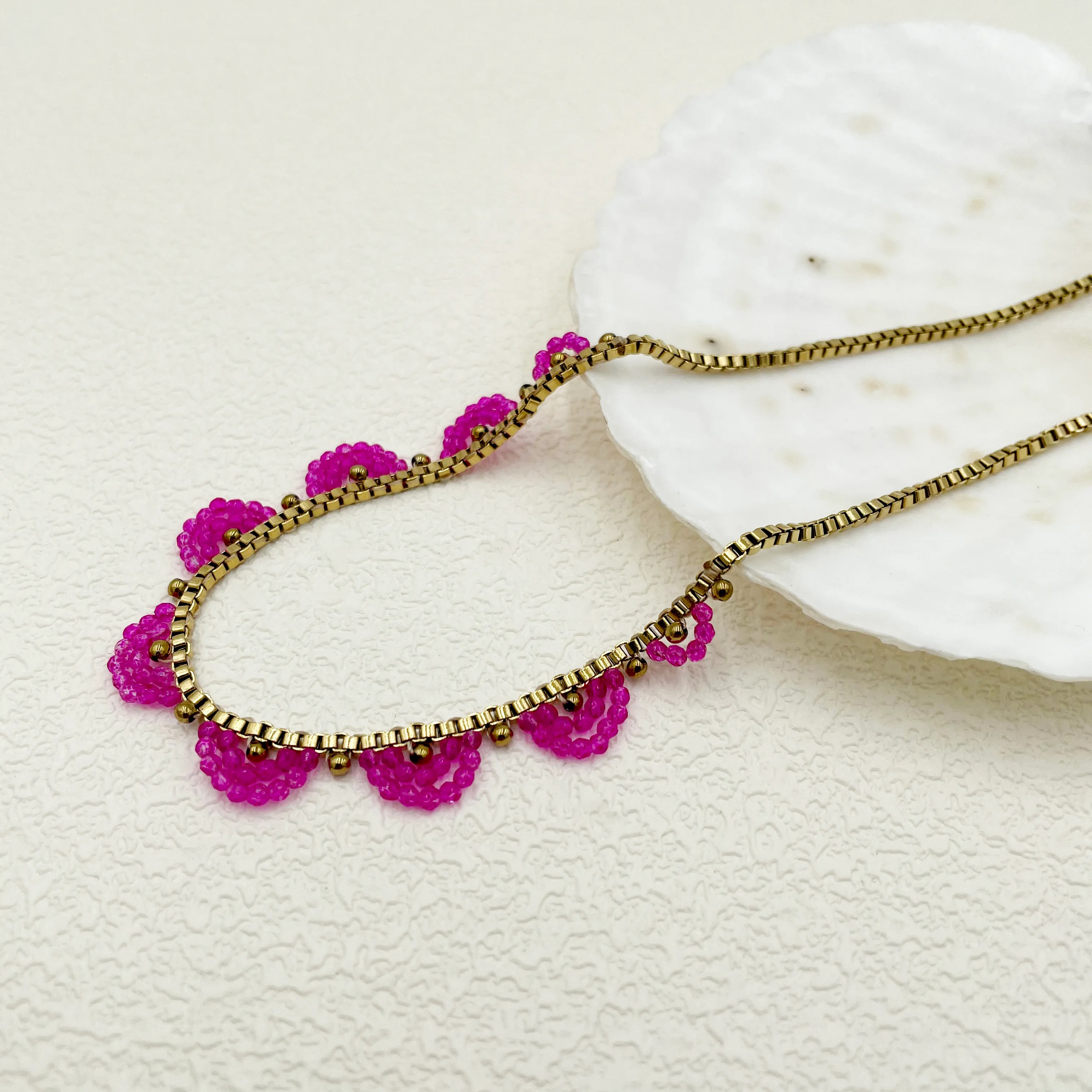 French Style Romantic Semicircle Stainless Steel Artificial Crystal Gold Plated Necklace_colorza_2