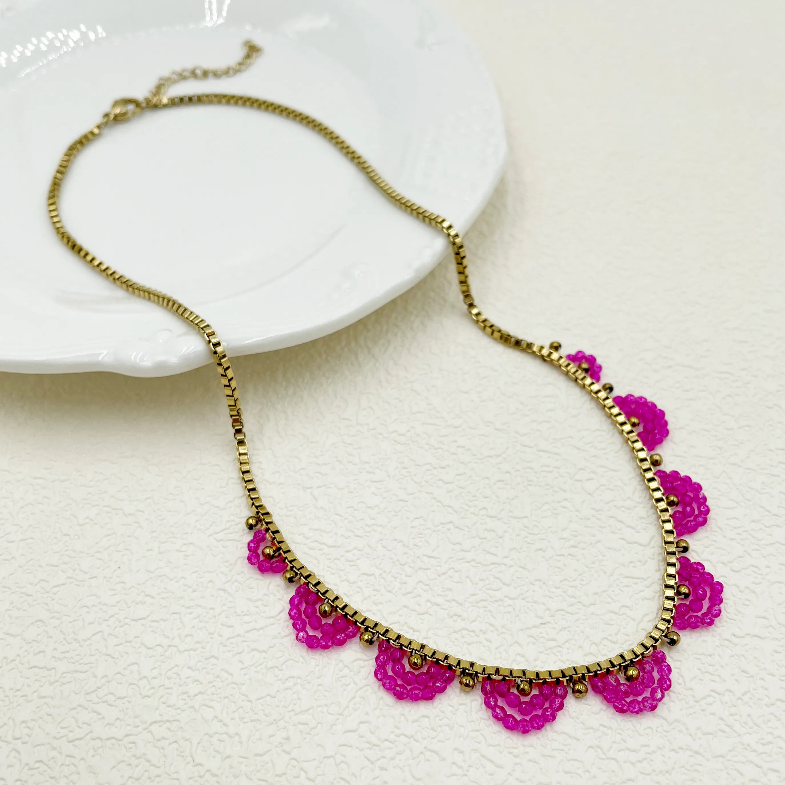 French Style Romantic Semicircle Stainless Steel Artificial Crystal Gold Plated Necklace_colorza_4