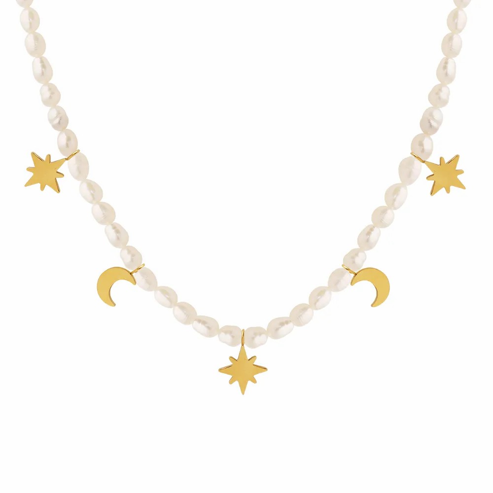 Elegant Luxurious Baroque Style Star Moon Freshwater Pearl Titanium Steel Plating 18K Gold Plated Necklace_colorza_1