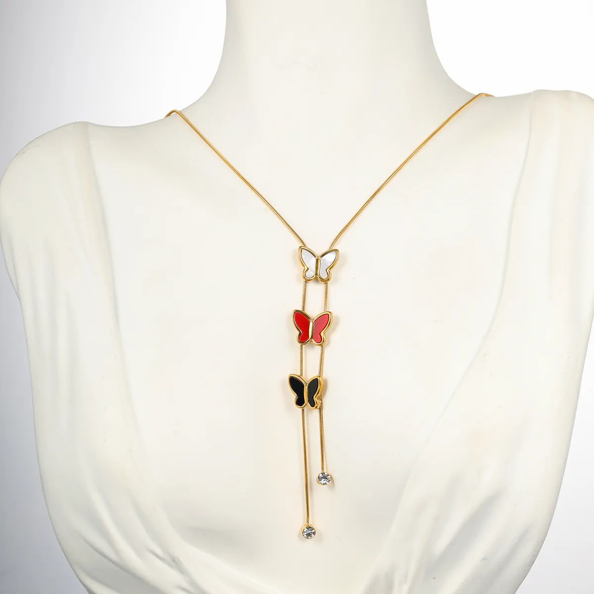 Elegant Butterfly Stainless Steel Inlay Rhinestones 18K Gold Plated Long Necklace_colorza_1