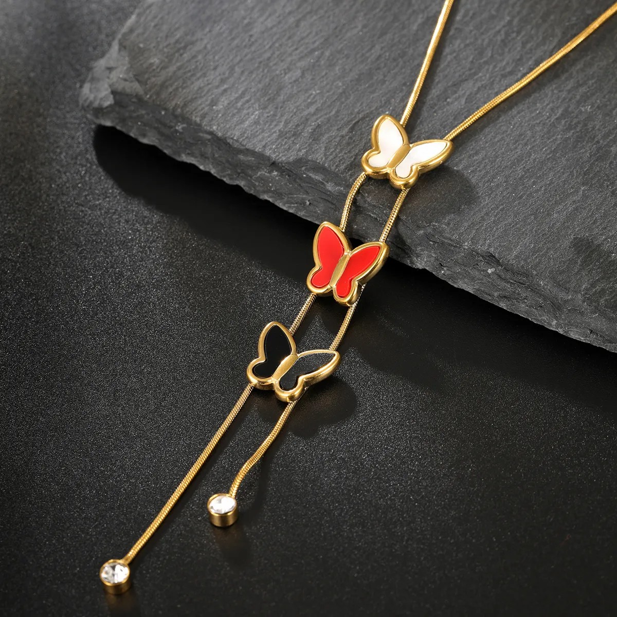 Elegant Butterfly Stainless Steel Inlay Rhinestones 18K Gold Plated Long Necklace_colorza_2