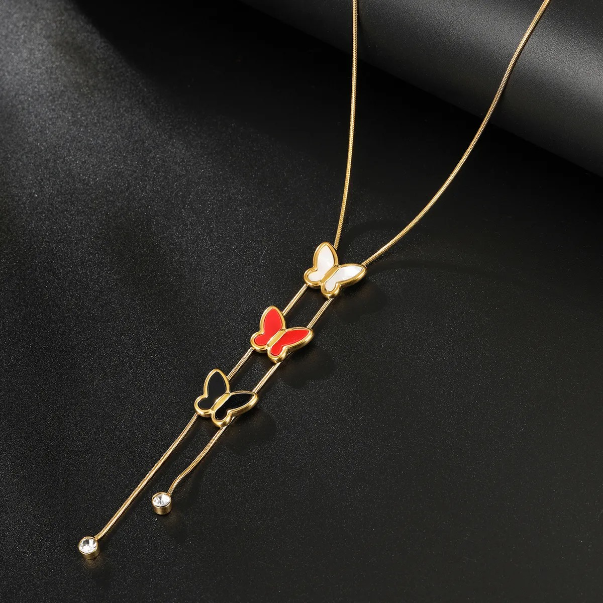 Elegant Butterfly Stainless Steel Inlay Rhinestones 18K Gold Plated Long Necklace_colorza_3
