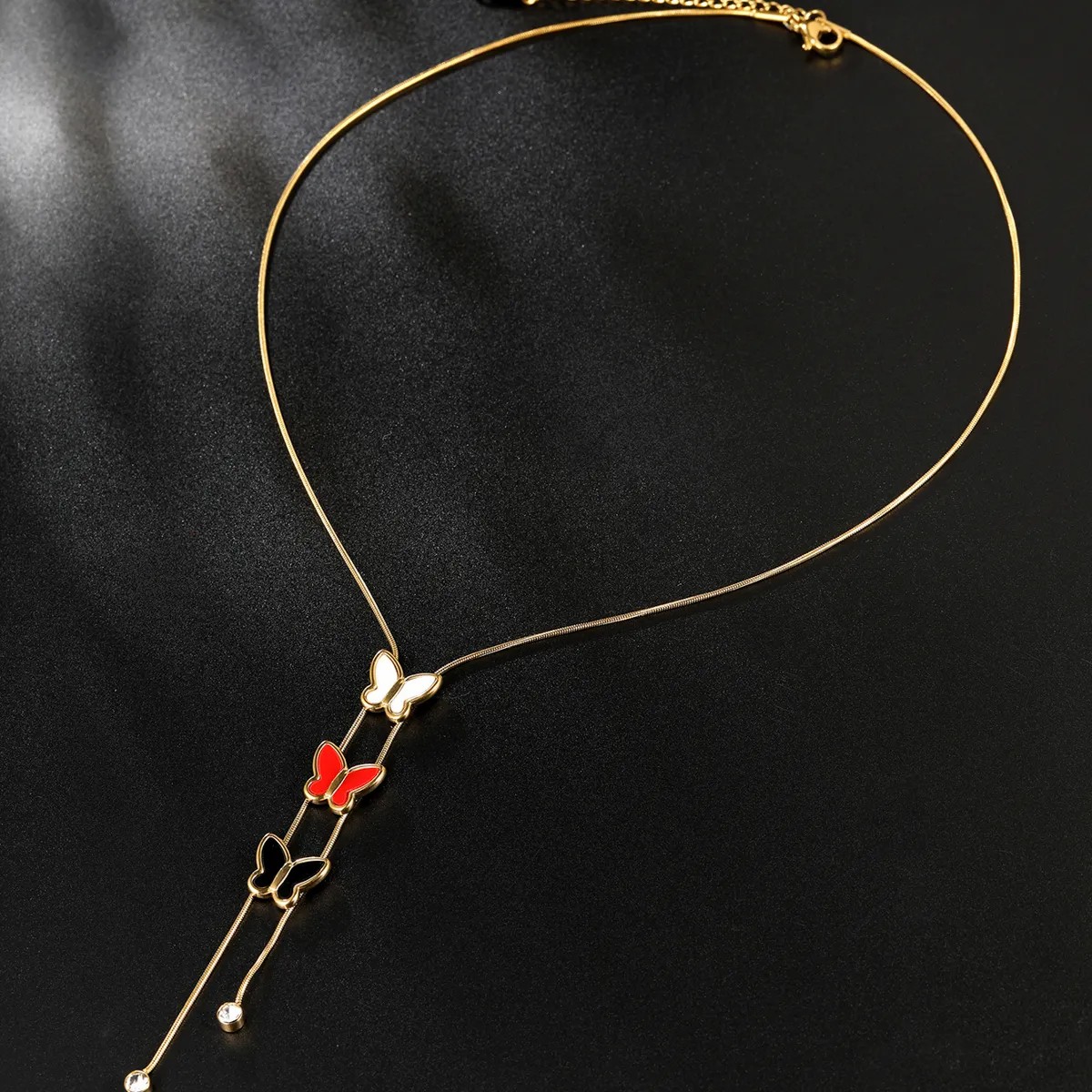 Elegant Butterfly Stainless Steel Inlay Rhinestones 18K Gold Plated Long Necklace_colorza_4