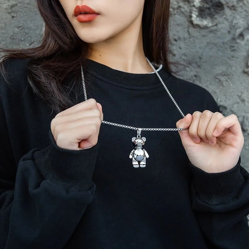 Casual Hip-Hop Punk Letter Star Bear Titanium Steel Plating Inlay Acrylic Artificial Pearls Rhinestones Silver Plated Necklace_colorza_1