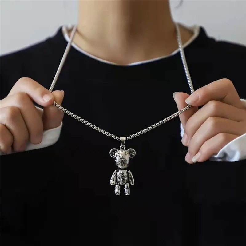 Casual Hip-Hop Punk Letter Star Bear Titanium Steel Plating Inlay Acrylic Artificial Pearls Rhinestones Silver Plated Necklace_colorza_23