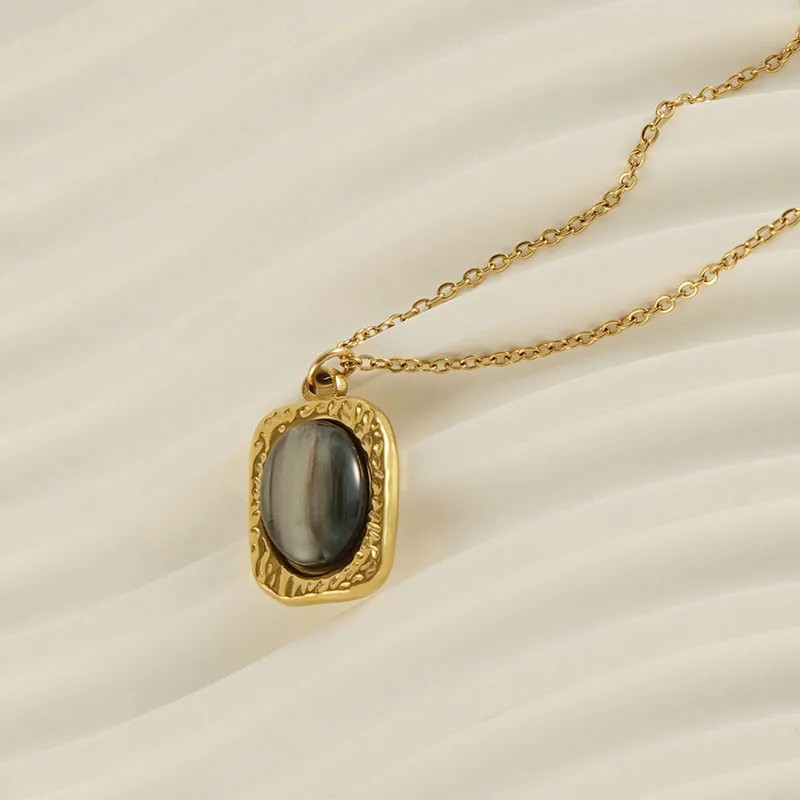 Retro Oval Stainless Steel Inlay Opal 18K Gold Plated Pendant Necklace_colorza_1