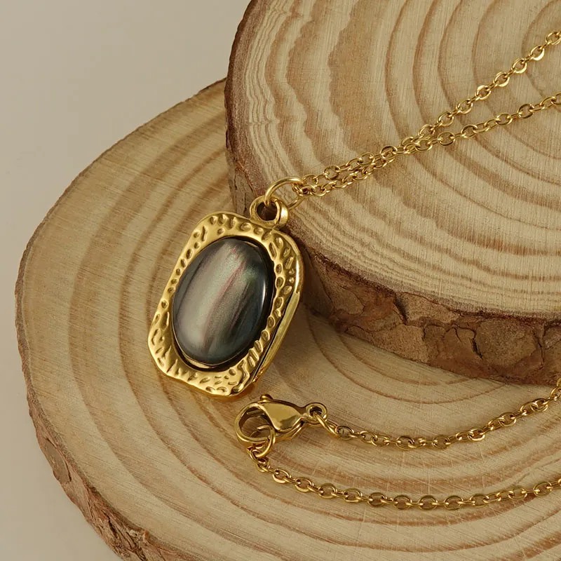 Retro Oval Stainless Steel Inlay Opal 18K Gold Plated Pendant Necklace_colorza_2