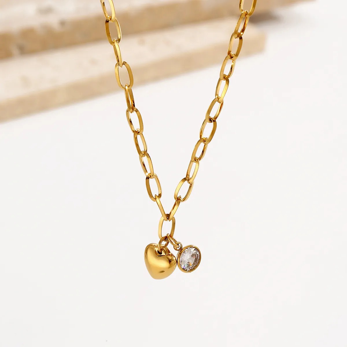 Simple Style Heart Shape Stainless Steel Inlay Zircon 14K Gold Plated Pendant Necklace_colorza_1