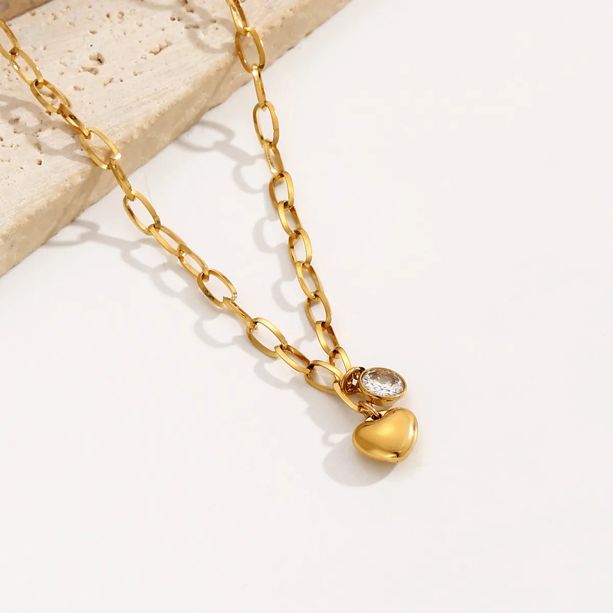 Simple Style Heart Shape Stainless Steel Inlay Zircon 14K Gold Plated Pendant Necklace_colorza_2