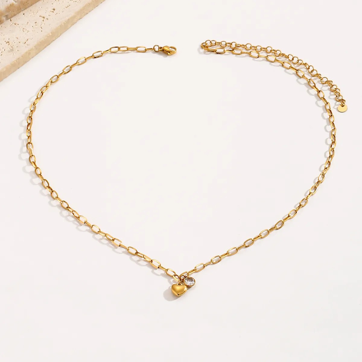 Simple Style Heart Shape Stainless Steel Inlay Zircon 14K Gold Plated Pendant Necklace_colorza_3