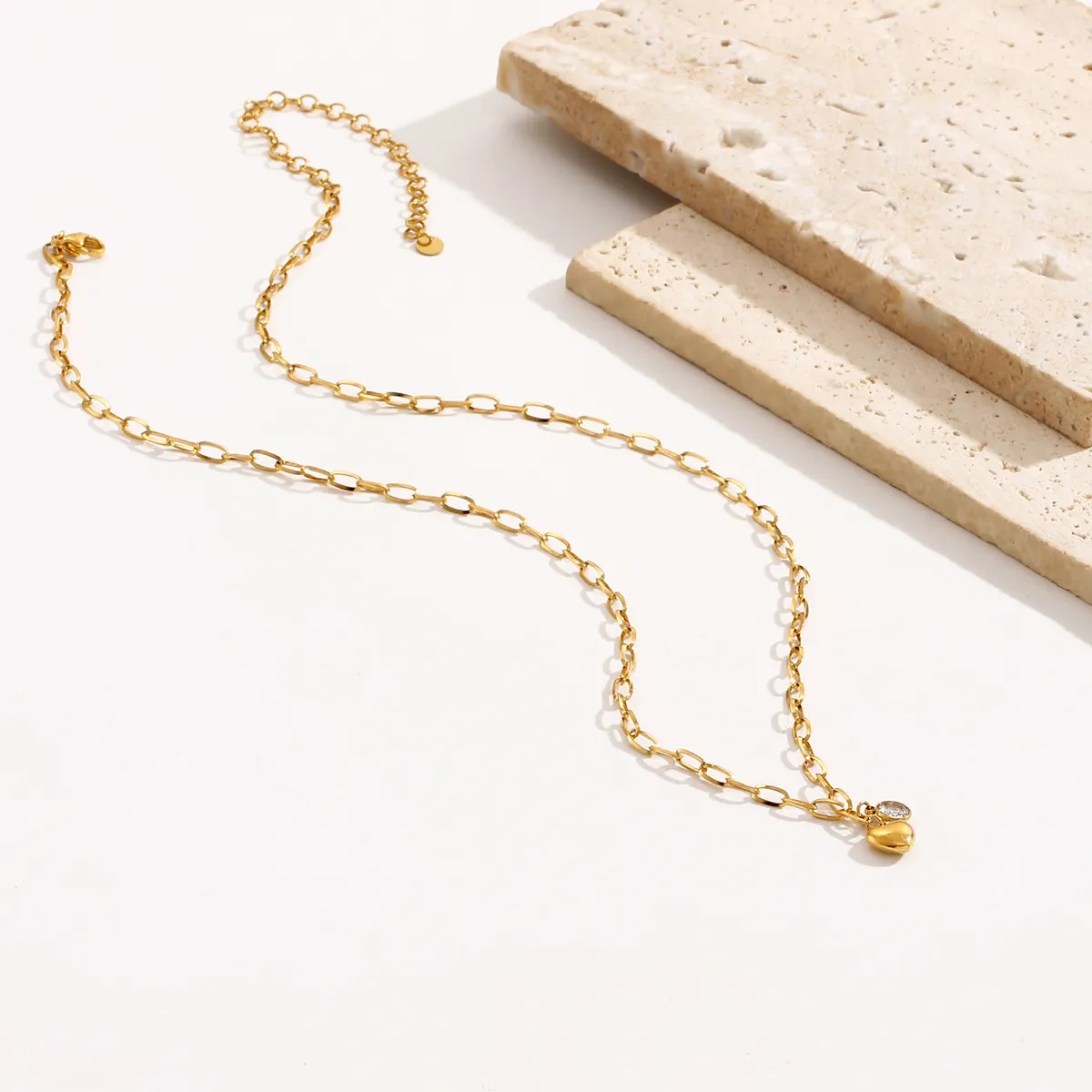 Simple Style Heart Shape Stainless Steel Inlay Zircon 14K Gold Plated Pendant Necklace_colorza_4