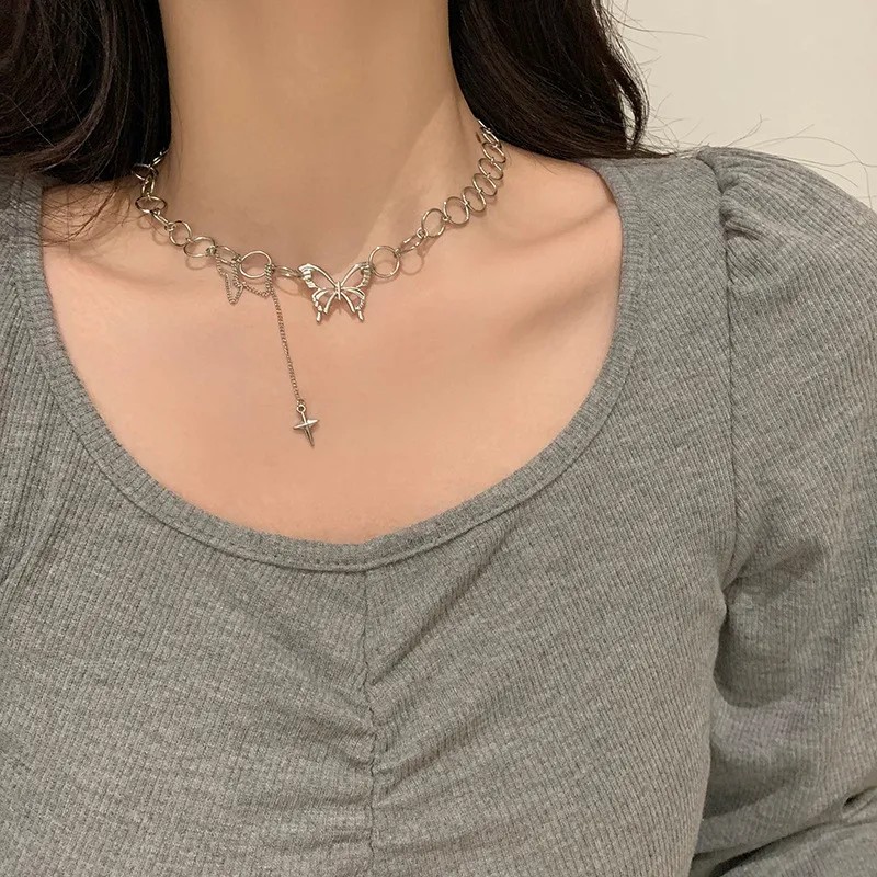 Hip-Hop Vintage Style Punk Cross Butterfly Titanium Steel Inlay Artificial Diamond Silver Plated Necklace_colorza_2