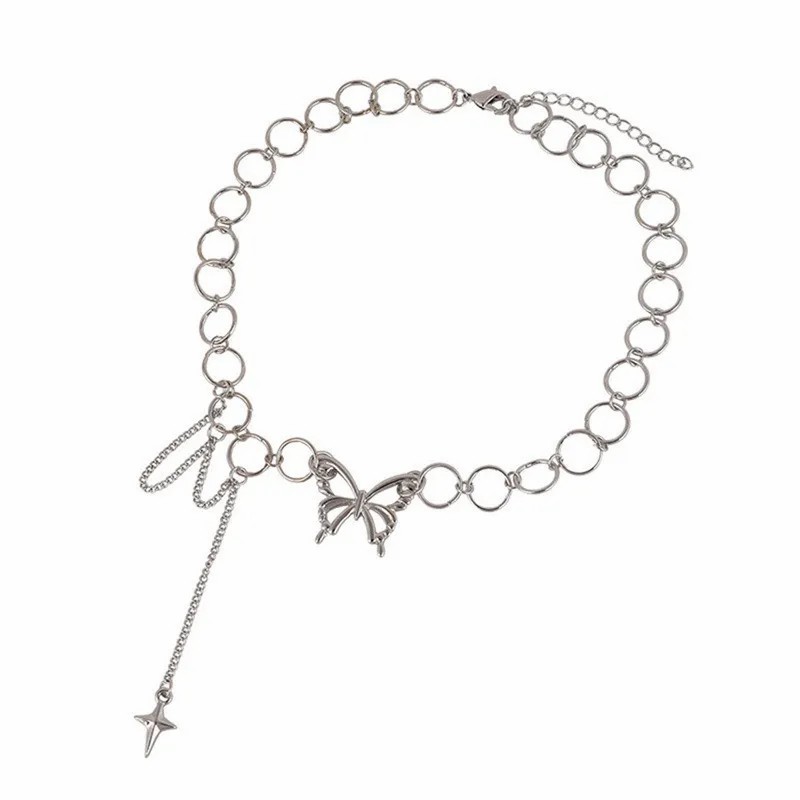 Hip-Hop Vintage Style Punk Cross Butterfly Titanium Steel Inlay Artificial Diamond Silver Plated Necklace_colorza_3