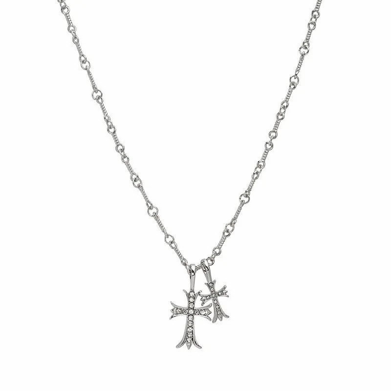 Hip-Hop Vintage Style Punk Cross Butterfly Titanium Steel Inlay Artificial Diamond Silver Plated Necklace_colorza_7