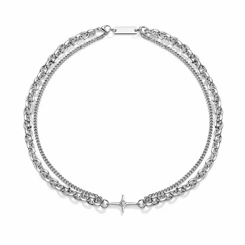 Hip-Hop Vintage Style Punk Cross Butterfly Titanium Steel Inlay Artificial Diamond Silver Plated Necklace_colorza_9