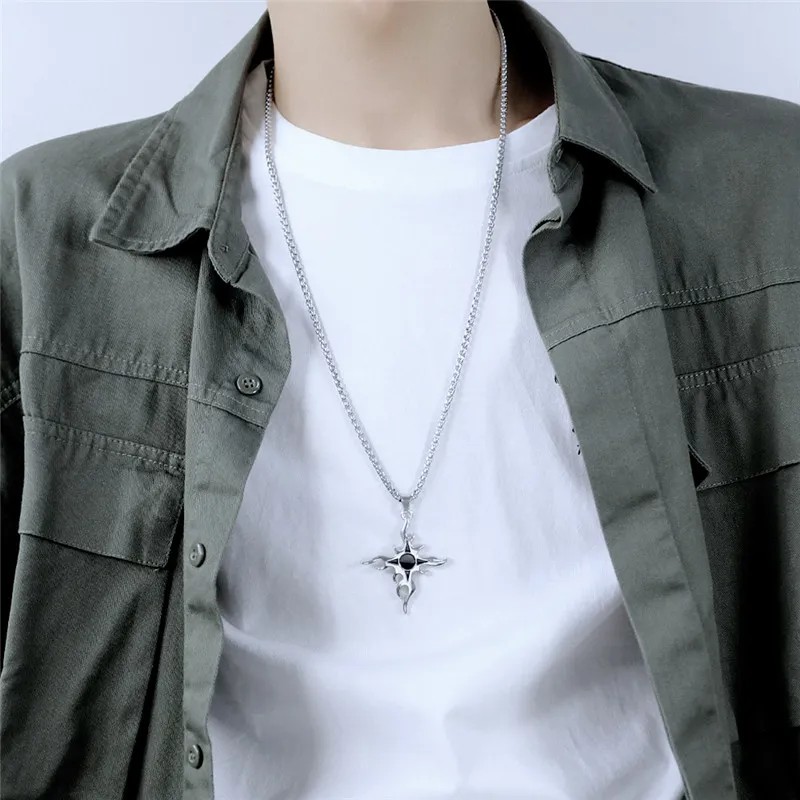 Hip-Hop Vintage Style Punk Cross Butterfly Titanium Steel Inlay Artificial Diamond Silver Plated Necklace_colorza_10