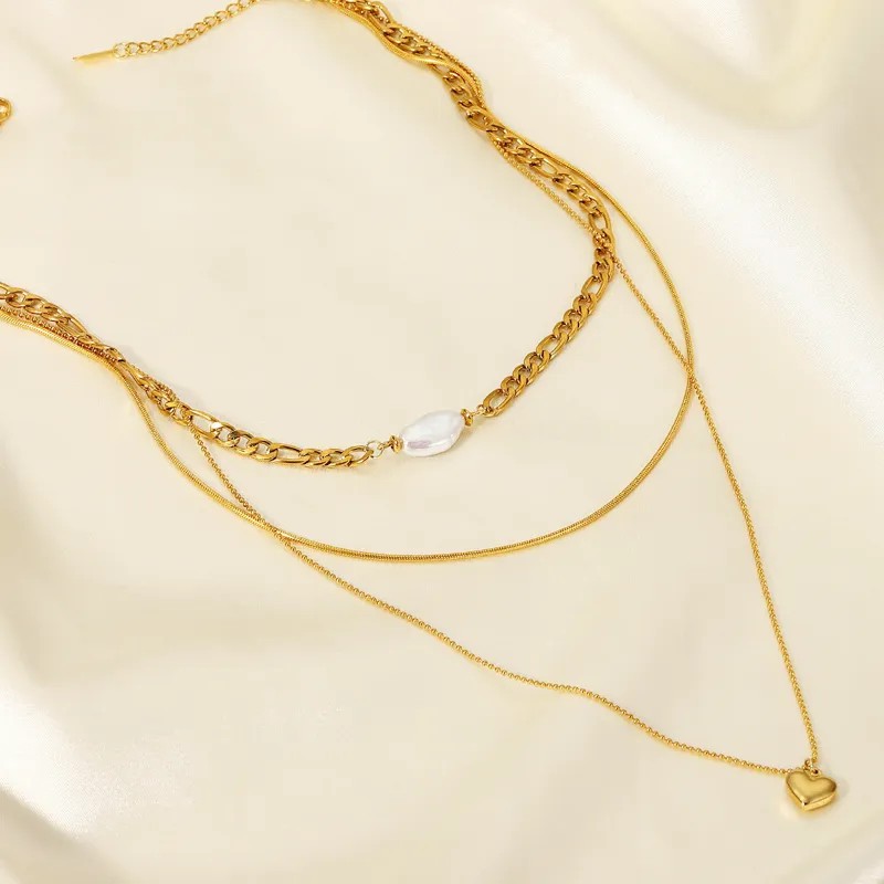 Simple Style Classic Style Heart Shape Stainless Steel Pearl Plating 18K Gold Plated Layered Necklaces_colorza_4