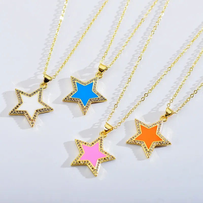 Sweet Star Enamel Inlay Zircon Pendant Necklace
