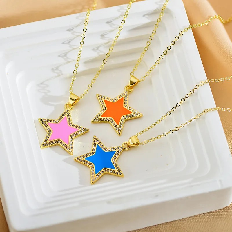 Zircon Inlaid Star Enamel Pendant Necklace