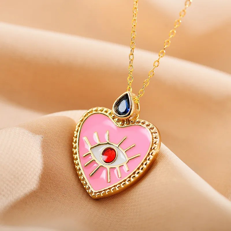 Devil's Eye Heart Shape Inlay Zircon Pendant Necklace