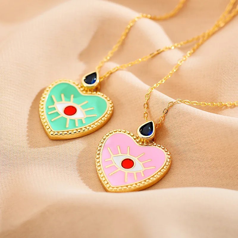 Devil's Eye Heart Shape Enamel Inlay Zircon Necklace