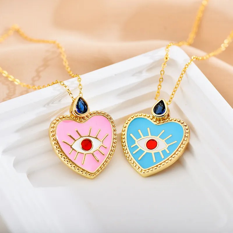 Heart Shape Enamel Inlay Zircon Necklace