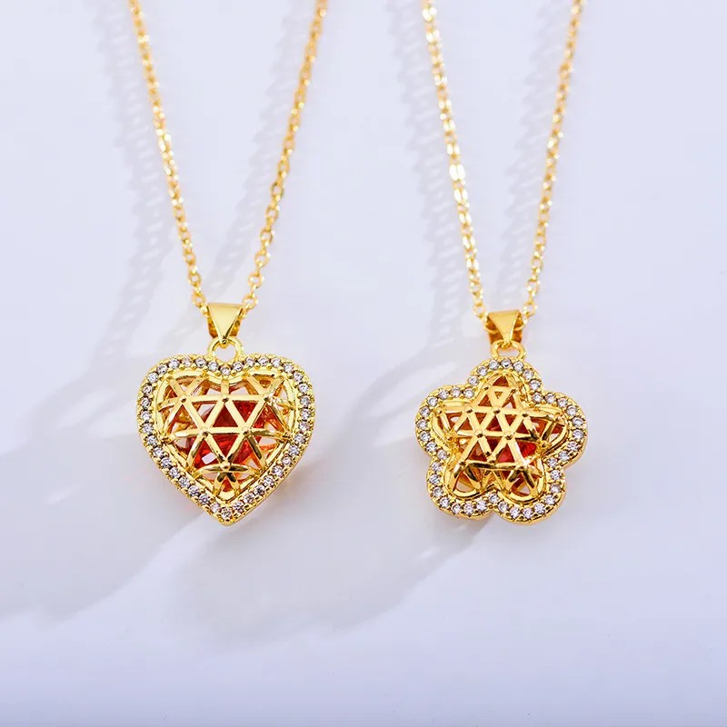 Zircon Inlaid Heart Shape Flower Hollow Out Pendant Necklace