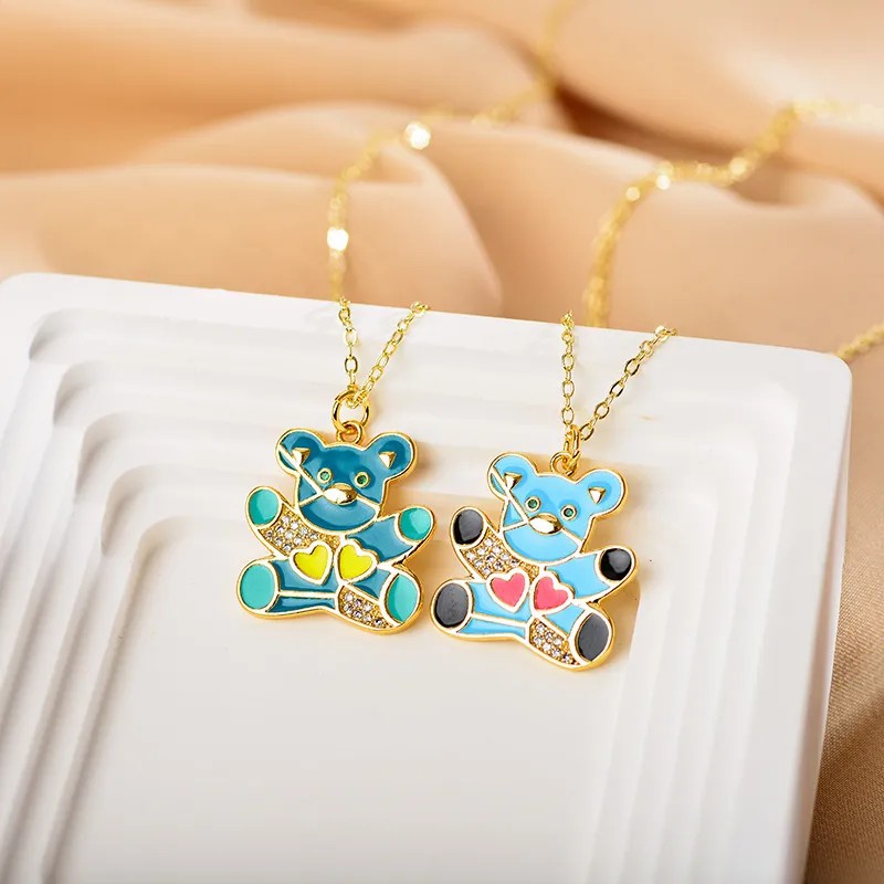 Bear Enamel Inlay Zircon Pendant Necklace